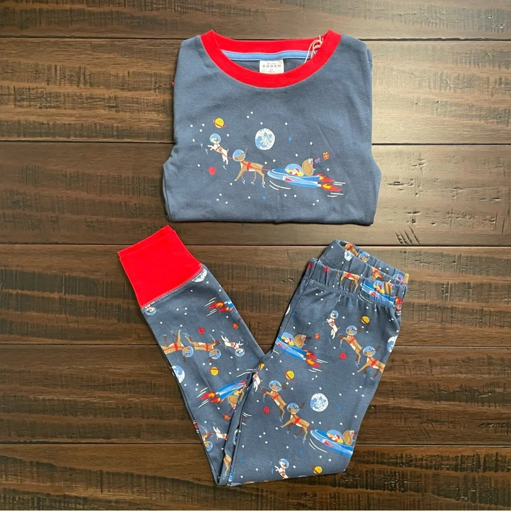 Mini Boden Blue Space Santa Long John Pajama Set NWT
